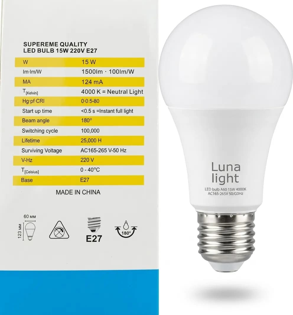Լամպ LUNA LIGHT 15w E27 A60 4000k