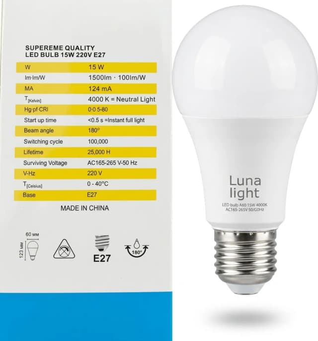 Լամպ LUNA LIGHT 15w E27 A60 4000k
