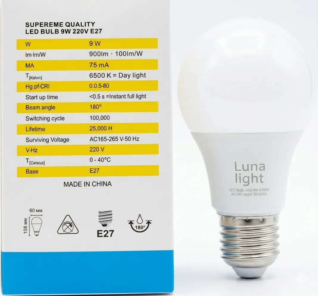 Լամպ LUNA LIGHT 9w E27 A60 6500k